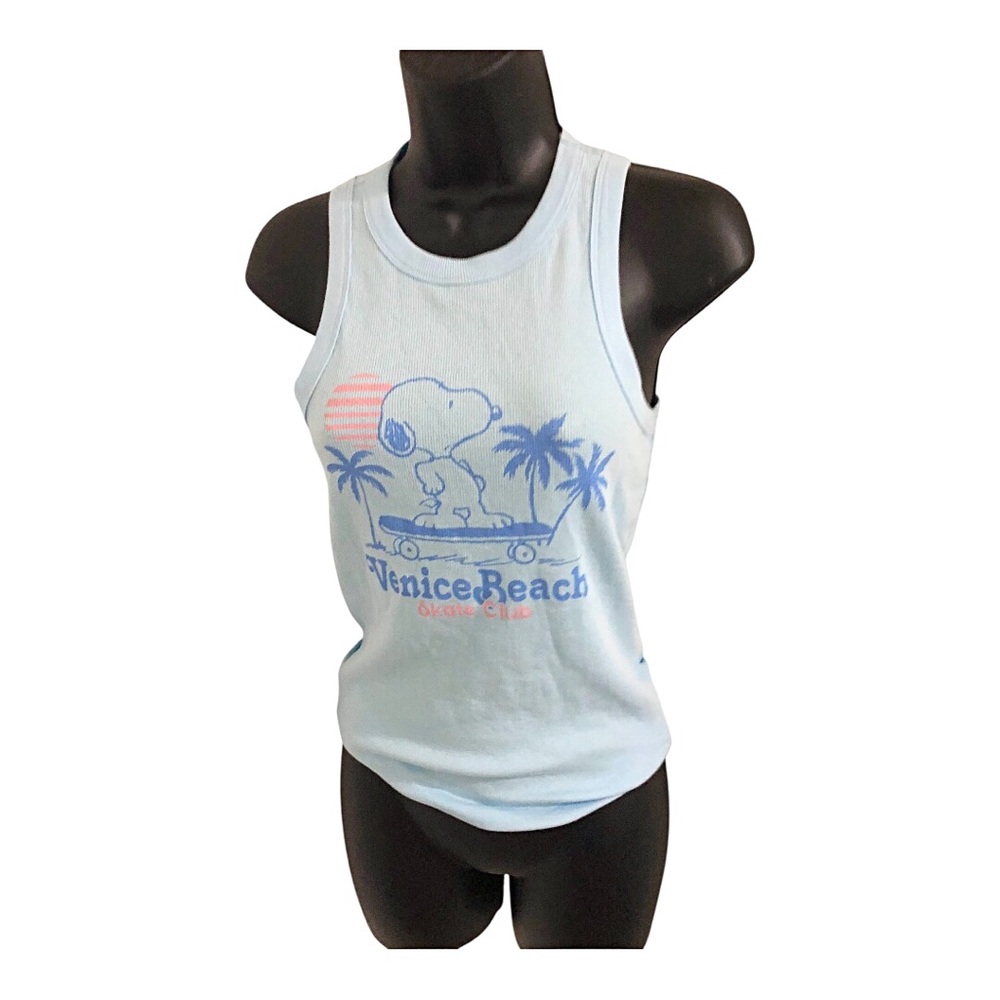 Peanuts Venice beach skate club snoopy skateboarding graphic print blue tank top